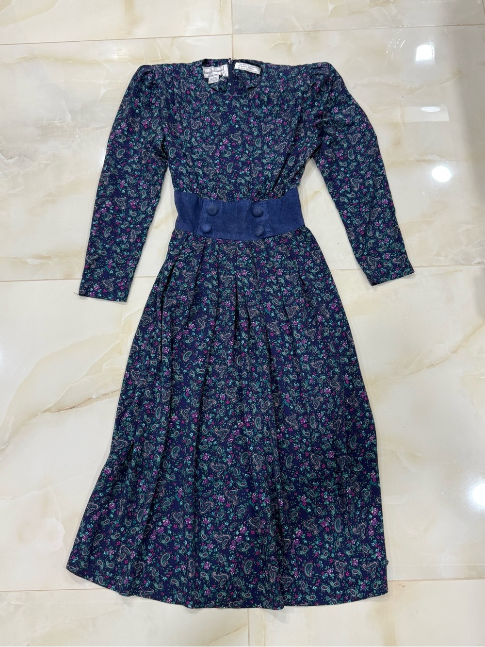 karin stevens Navy Floral Long-Sleeve Midi Dress with Button Waistband